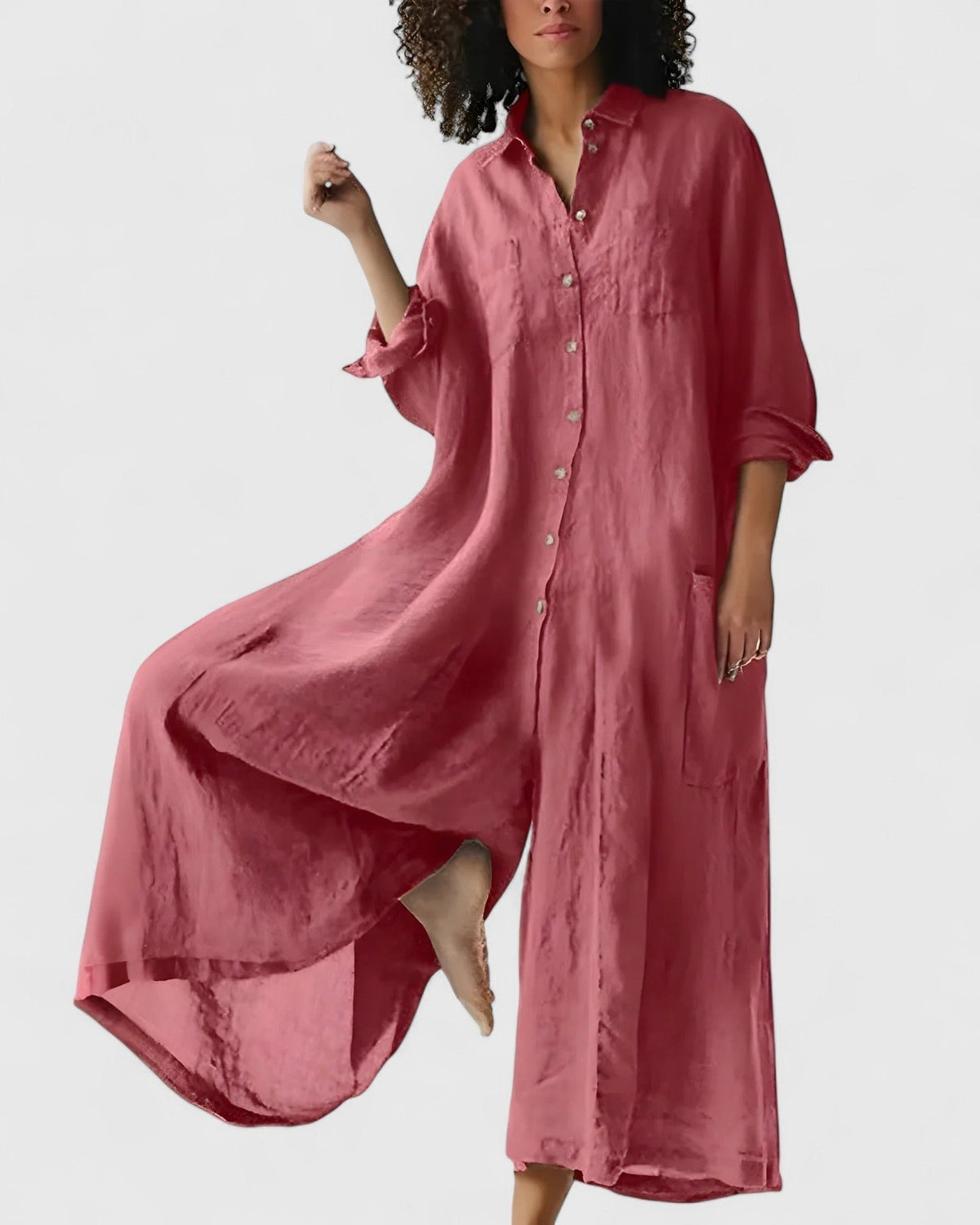 Women's Satin Long Sleeve Maxi Shirt Dress - Red