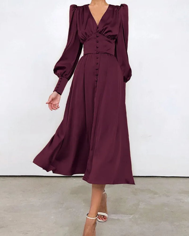 Women's Black Cocktail Satin Midi Party Dress - Burgundy