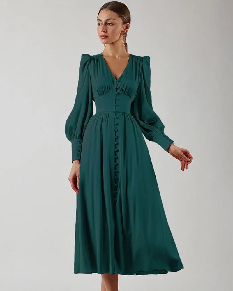 Women's Black Cocktail Satin Midi Party Dress - Dark Green