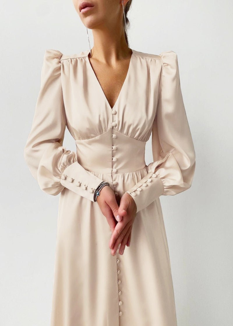 Women's Black Cocktail Satin Midi Party Dress - Beige