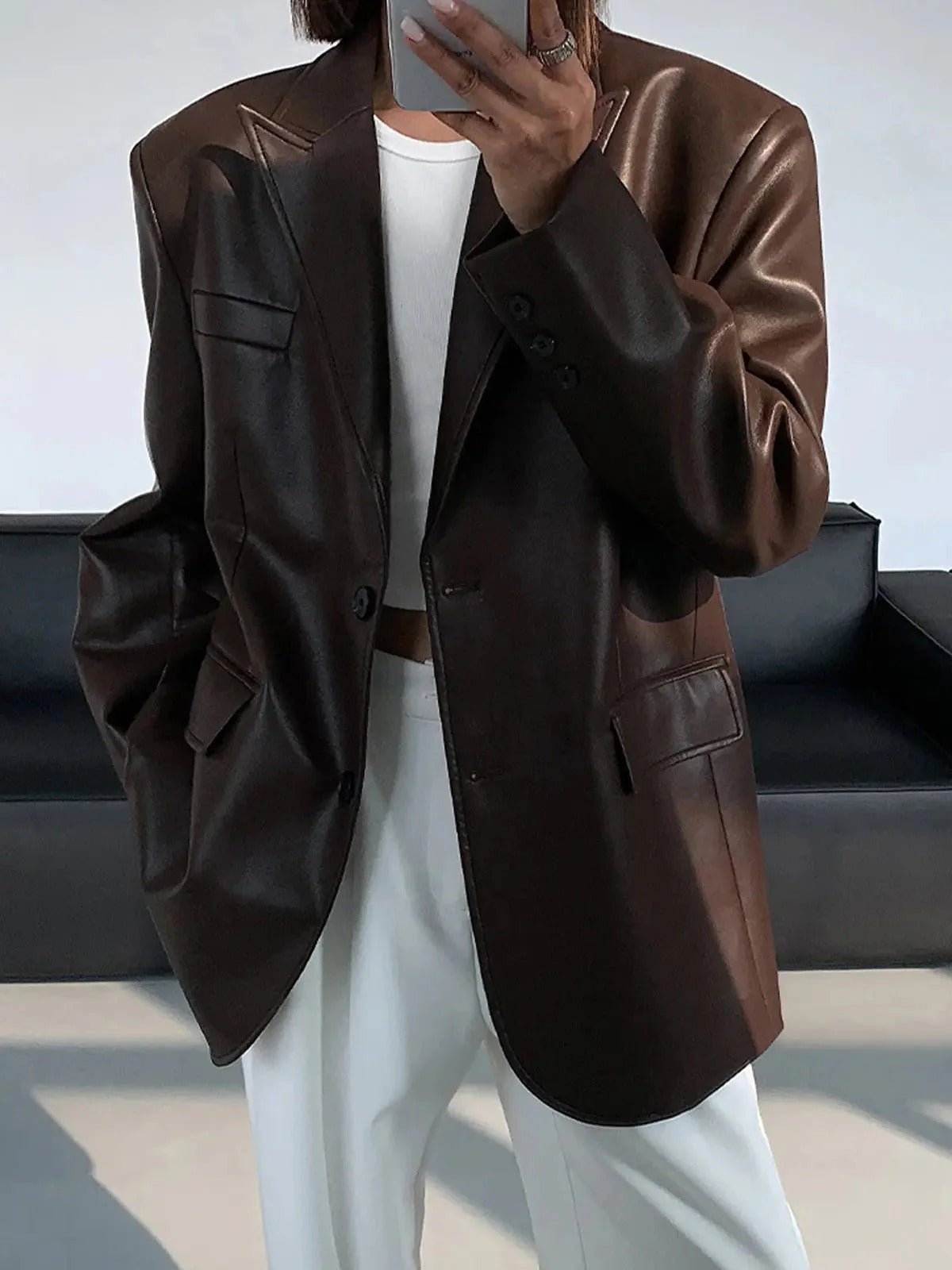 Women's Oversized Faux Leather Blazer - Brown