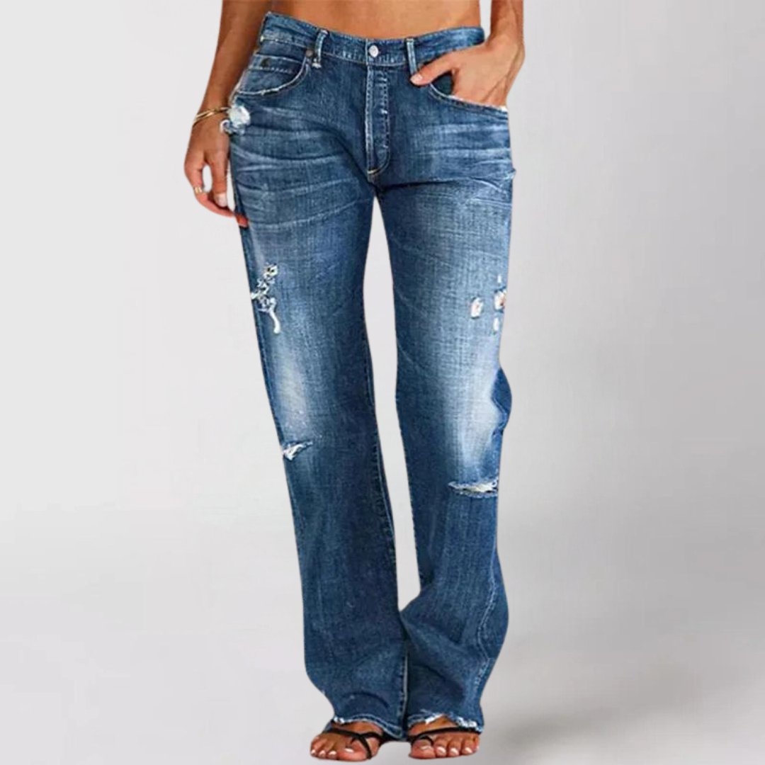 Women's Distressed Straight-Leg Jeans - Dark Blue