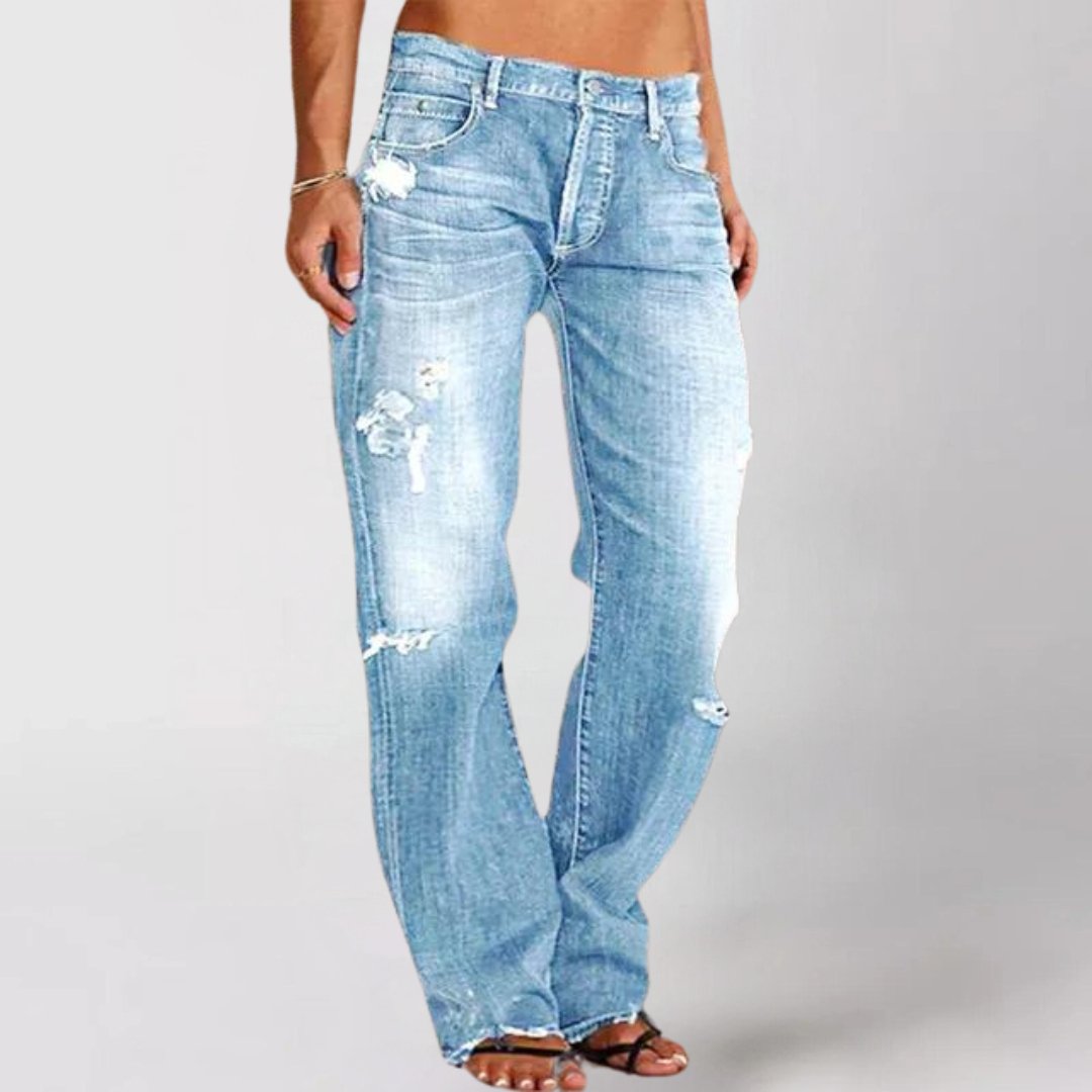 Women's Distressed Straight-Leg Jeans - Light Blue