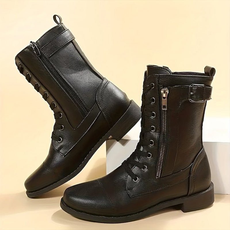 Women's Faux Leather Combat Boots - Black