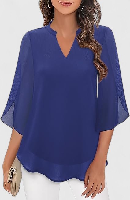 Women's Black V-Neck Chiffon Blouse - Blue