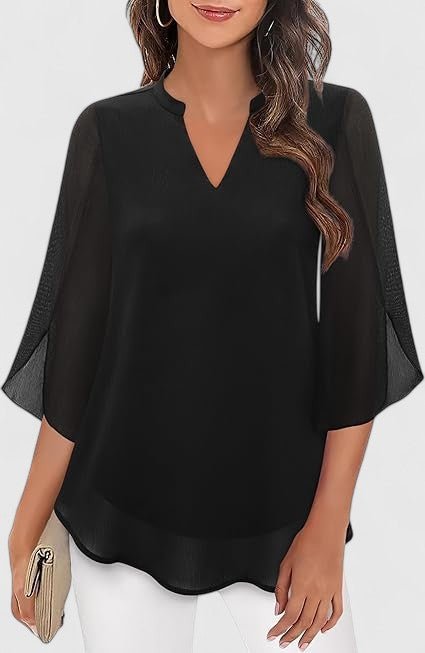 Women's Black V-Neck Chiffon Blouse - Black