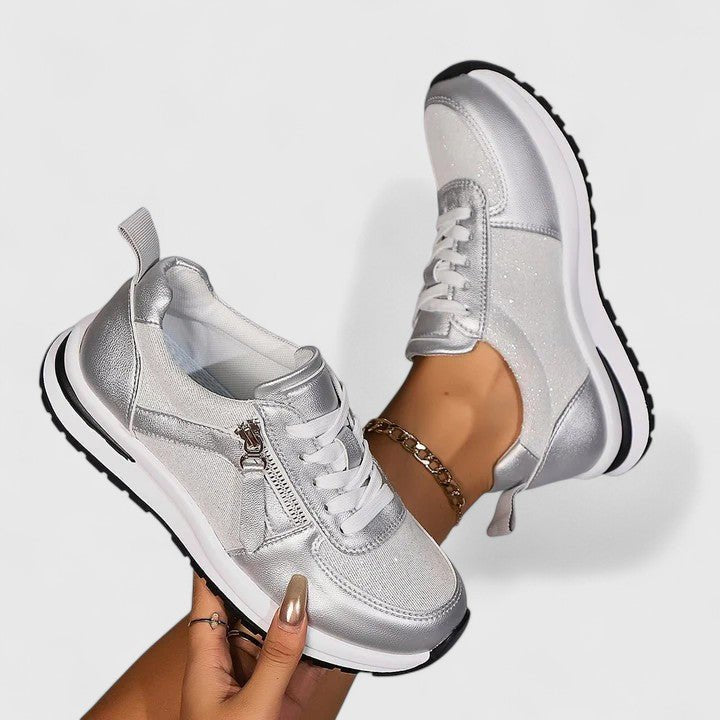 Women's Chunky Platform Lace-Up Leather Trainers - Silver