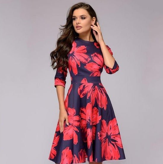 Women's Floral Satin Midi Party Dress - Red
