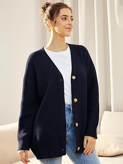 Women's Oversized Knit Ribbed V-Neck Cardigan - Navy Blue