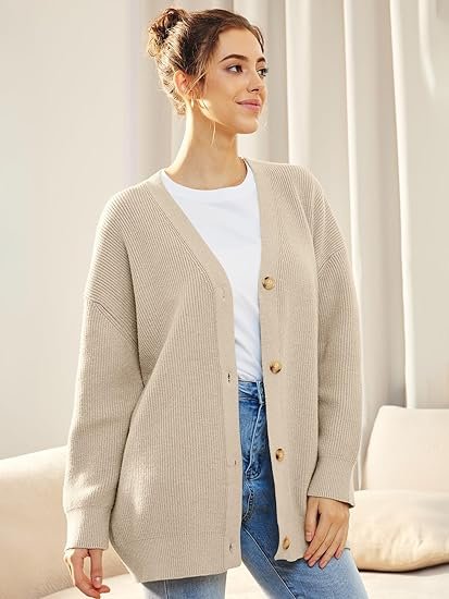 Women's Oversized Knit Ribbed V-Neck Cardigan - Beige