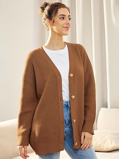 Women's Oversized Knit Ribbed V-Neck Cardigan - Brown