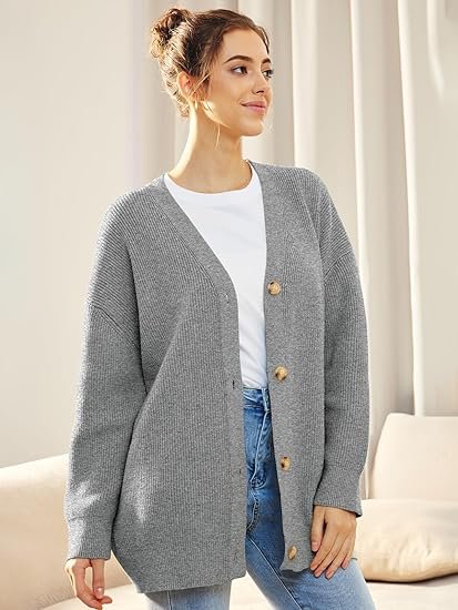 Women's Oversized Knit Ribbed V-Neck Cardigan - Gray