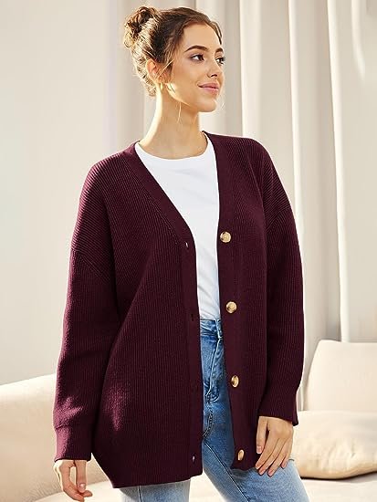 Women's Oversized Knit Ribbed V-Neck Cardigan - Burgundy