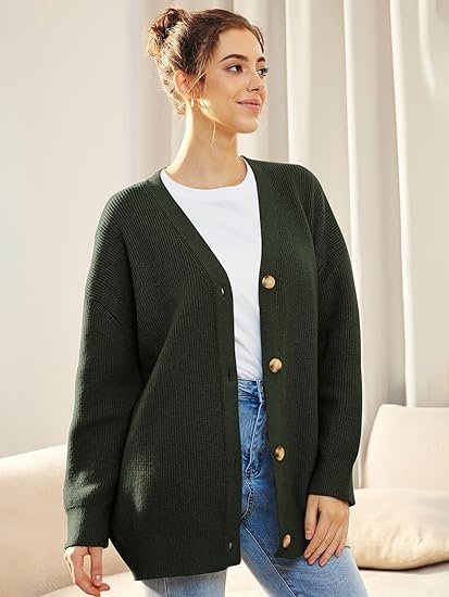Women's Oversized Knit Ribbed V-Neck Cardigan - Dark Green