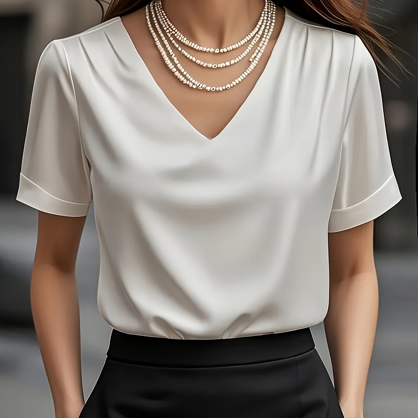 Women's Black V-Neck Satin Blouse - White