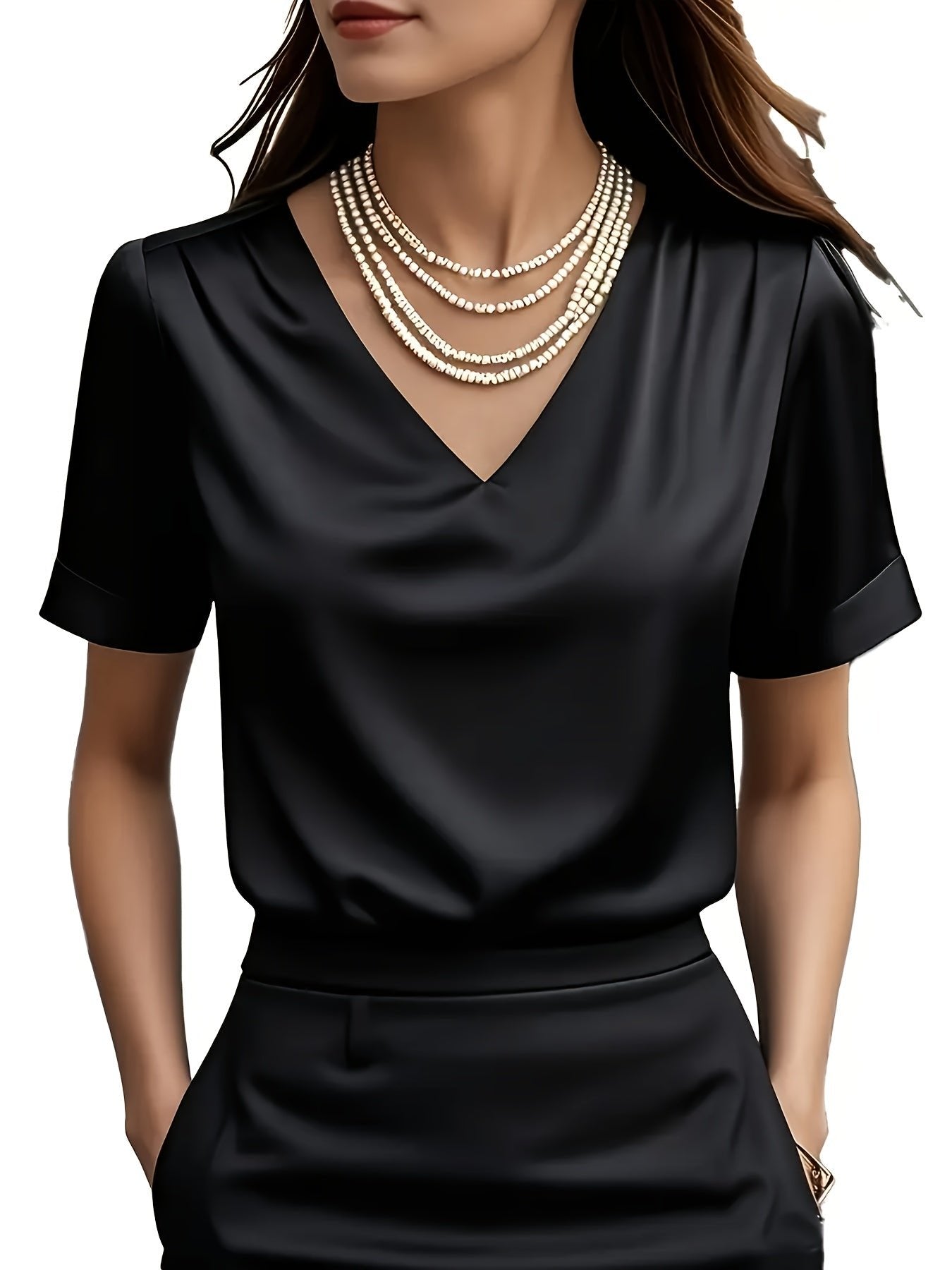 Women's Black V-Neck Satin Blouse