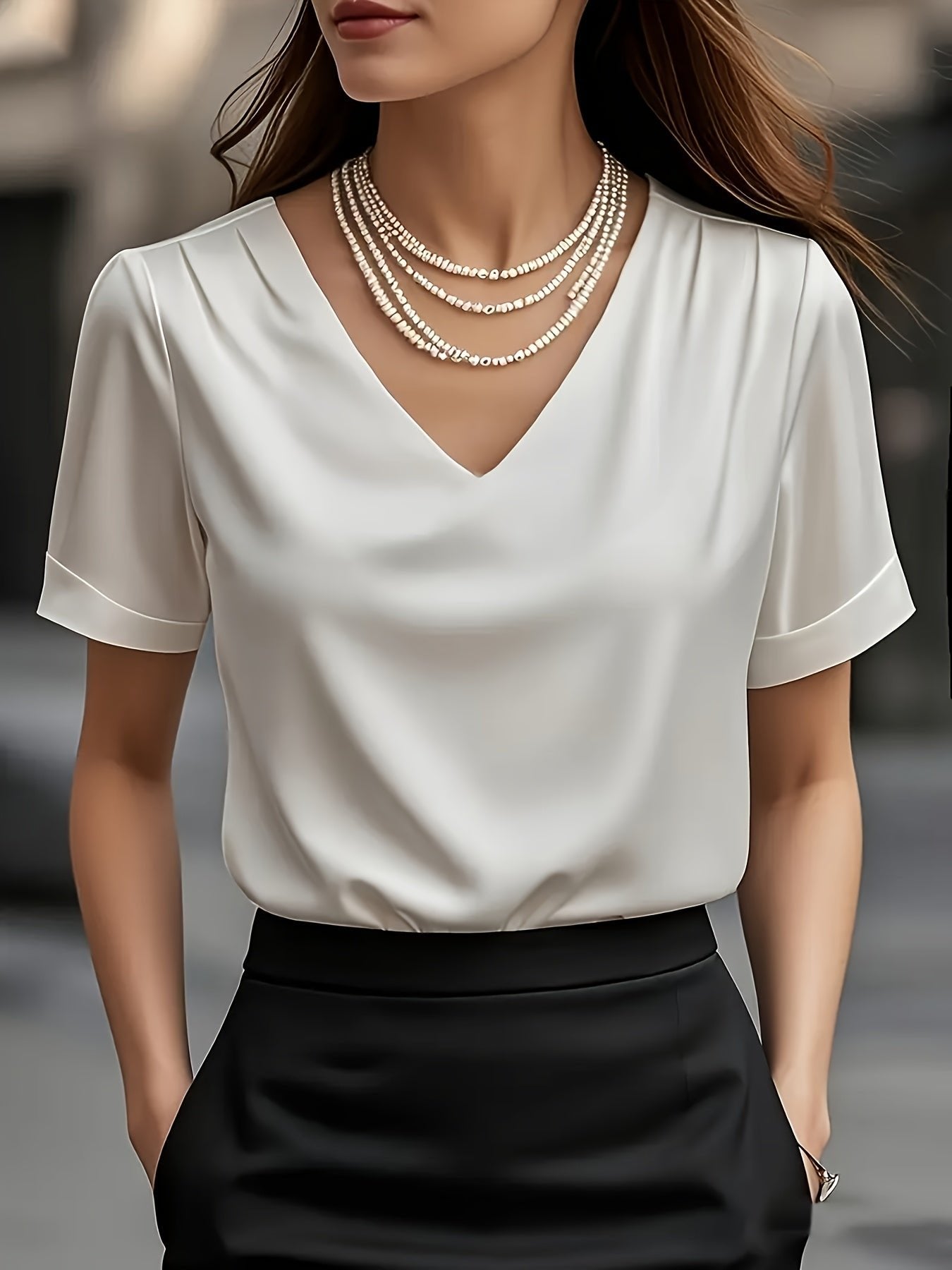 Women's Black V-Neck Satin Blouse - Dark Blue