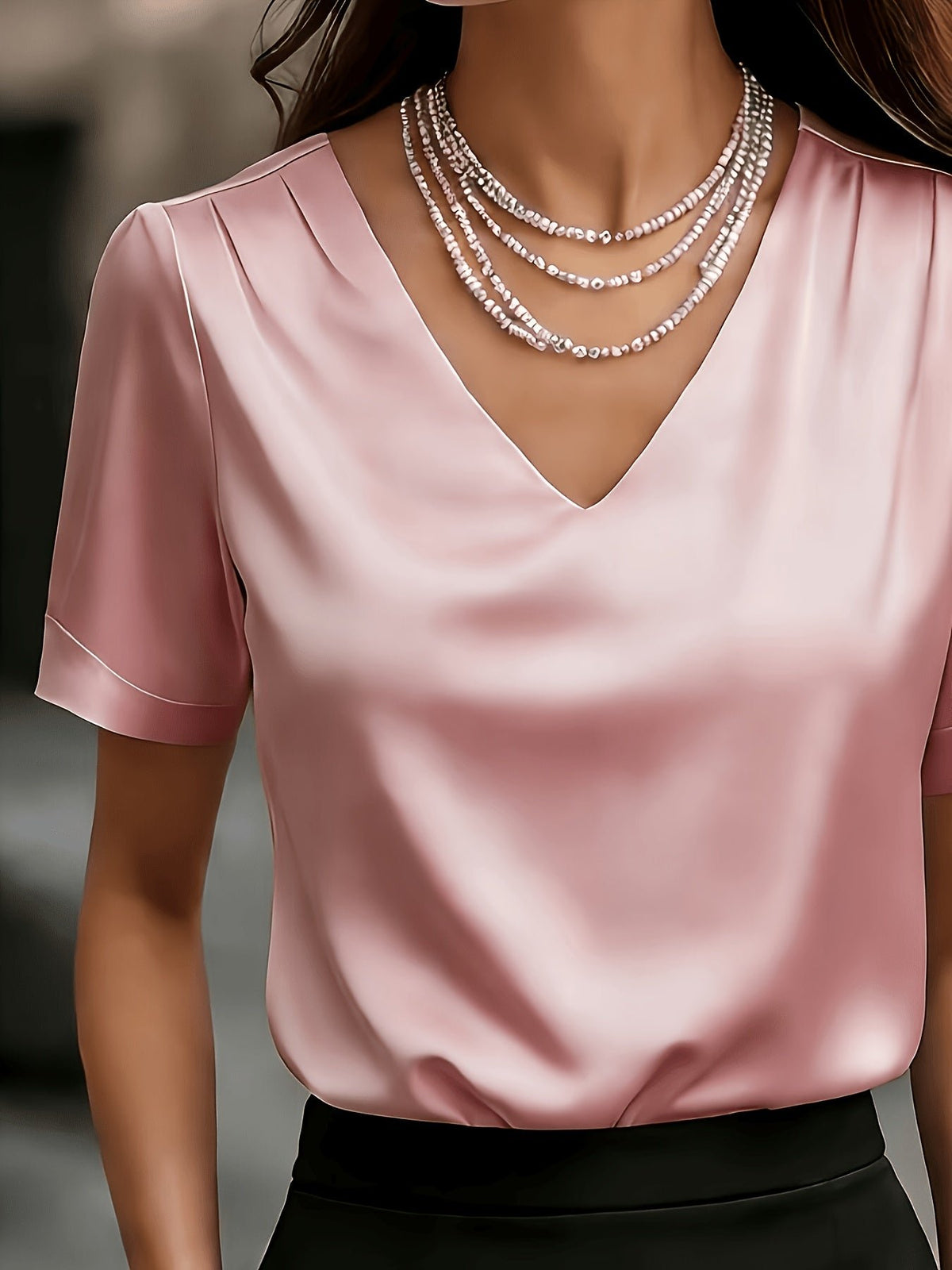 Women's Black V-Neck Satin Blouse