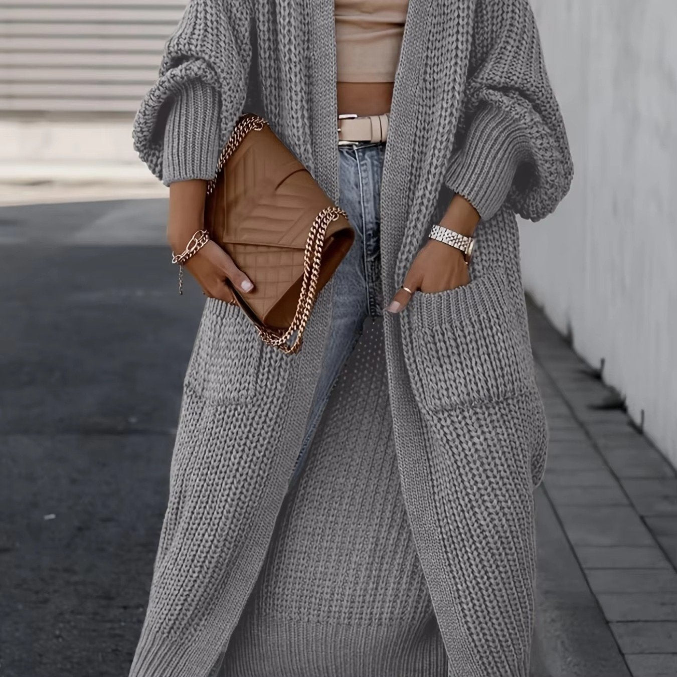 Women's Chunky Knit Ribbed Longline Wool Cardigan - Gray