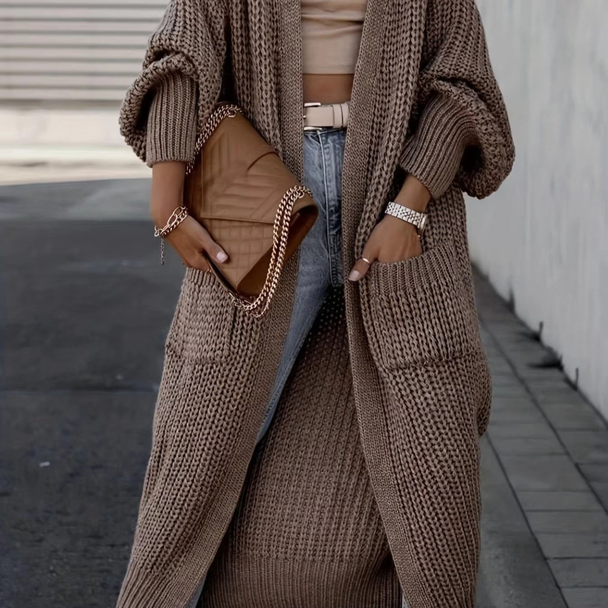 Women's Chunky Knit Ribbed Longline Wool Cardigan - Coffee
