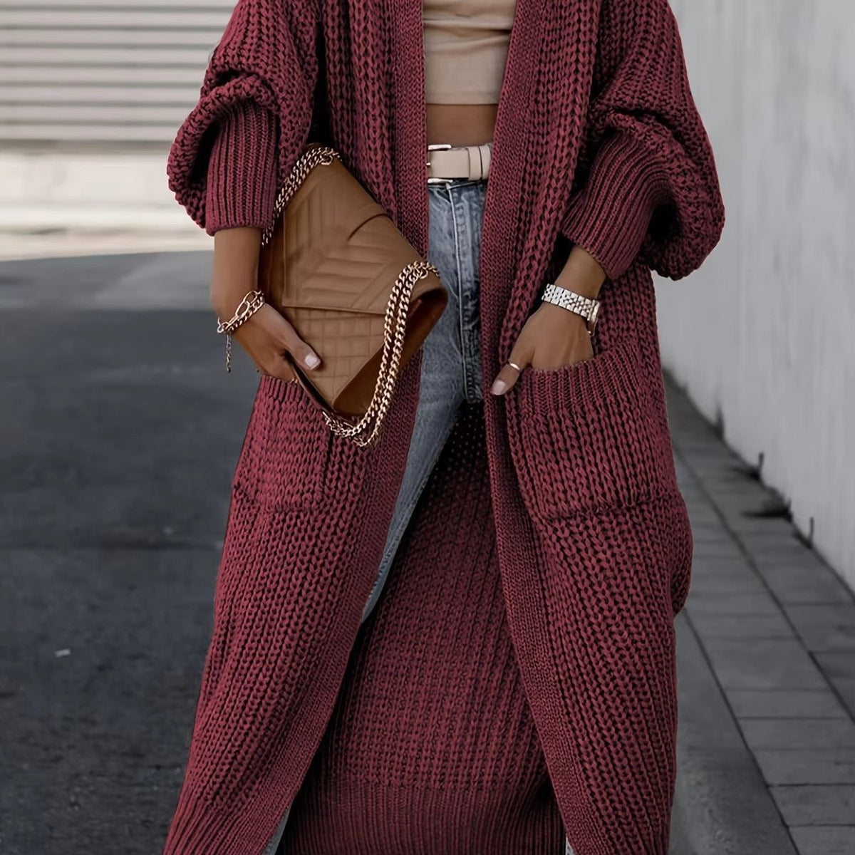 Women's Chunky Knit Ribbed Longline Wool Cardigan - Maroon