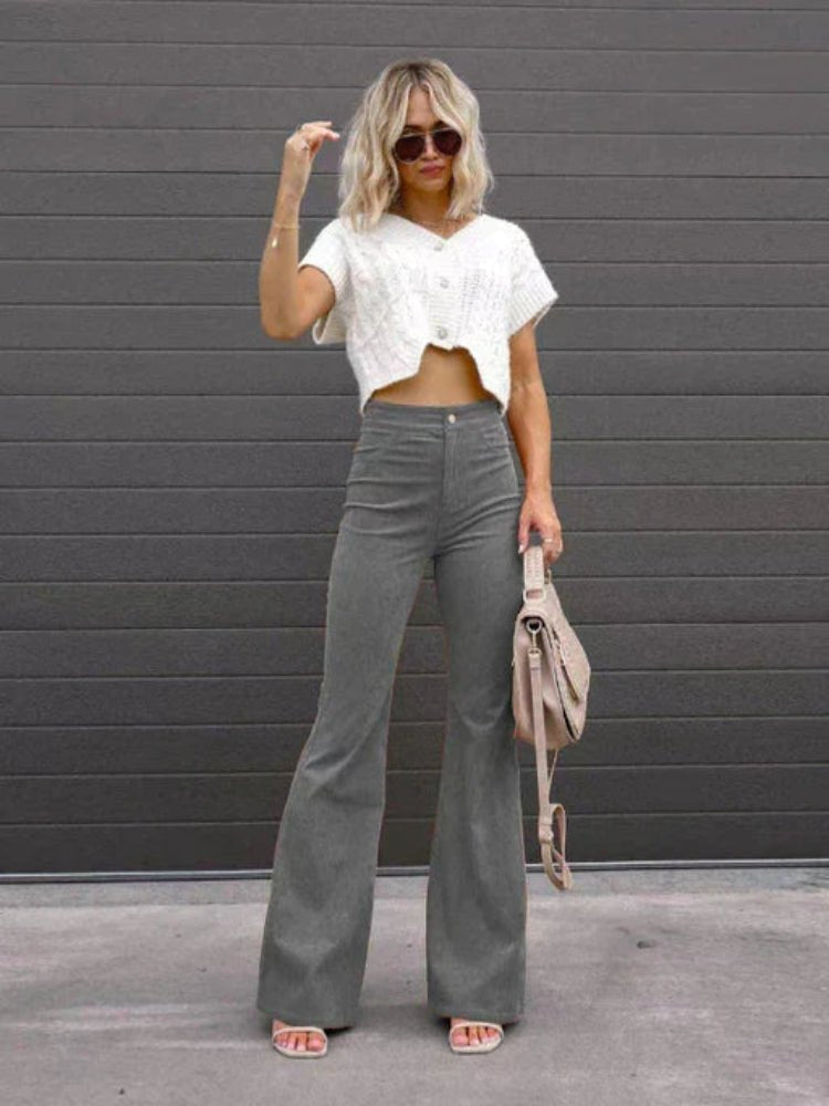Women's High-Waisted Corduroy Flare Trousers - Grey