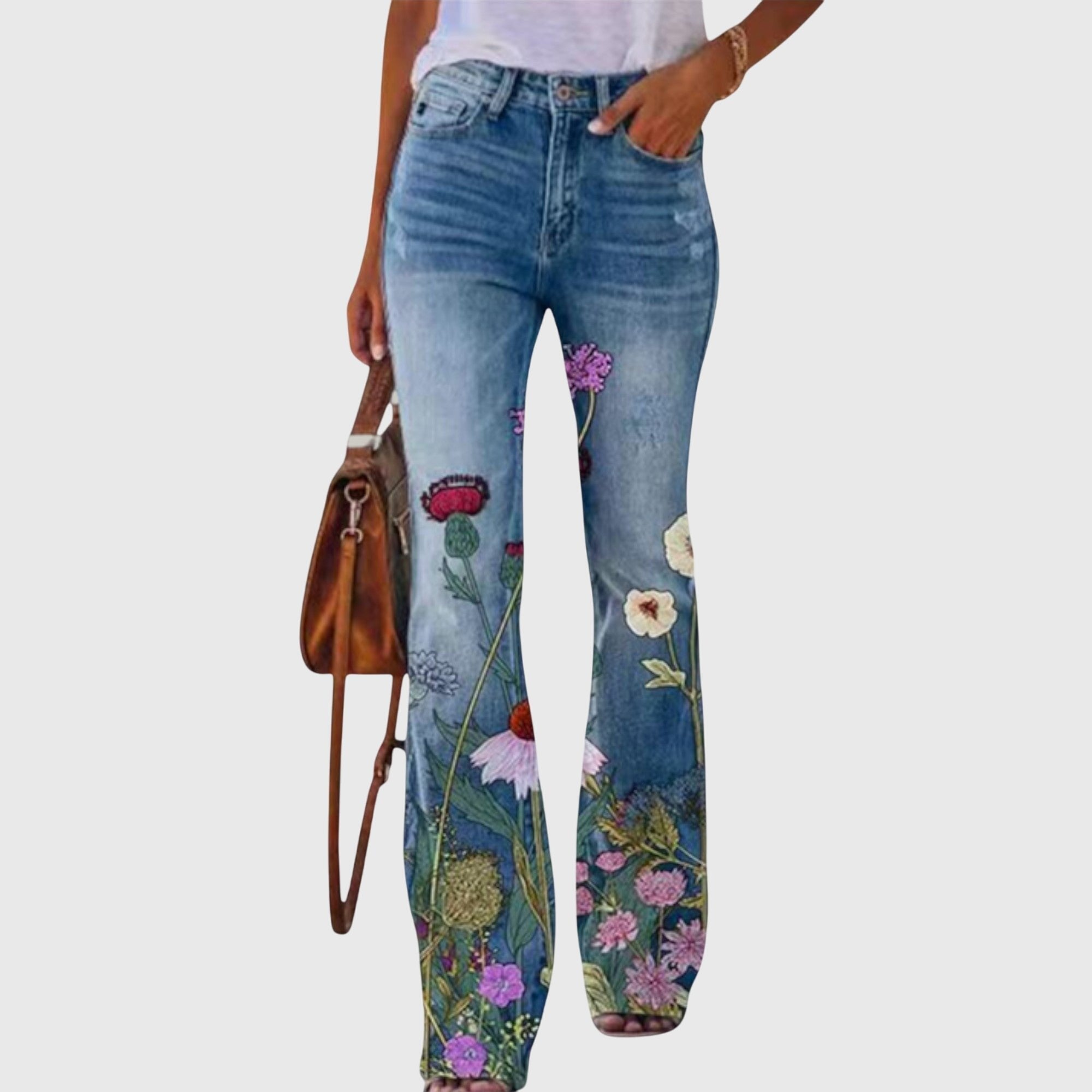 Women's Floral High-Waisted Flare Jeans - Yellow Flower
