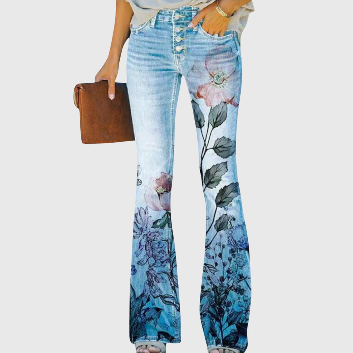 Women's Floral High-Waisted Flare Jeans - Blue Flower