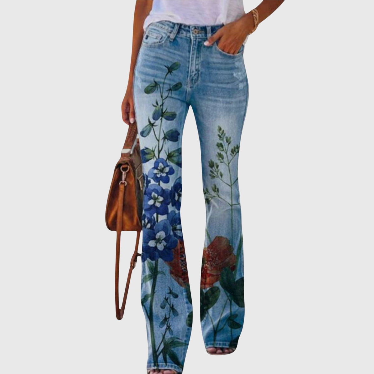 Women's Floral High-Waisted Flare Jeans - Red Flower 2