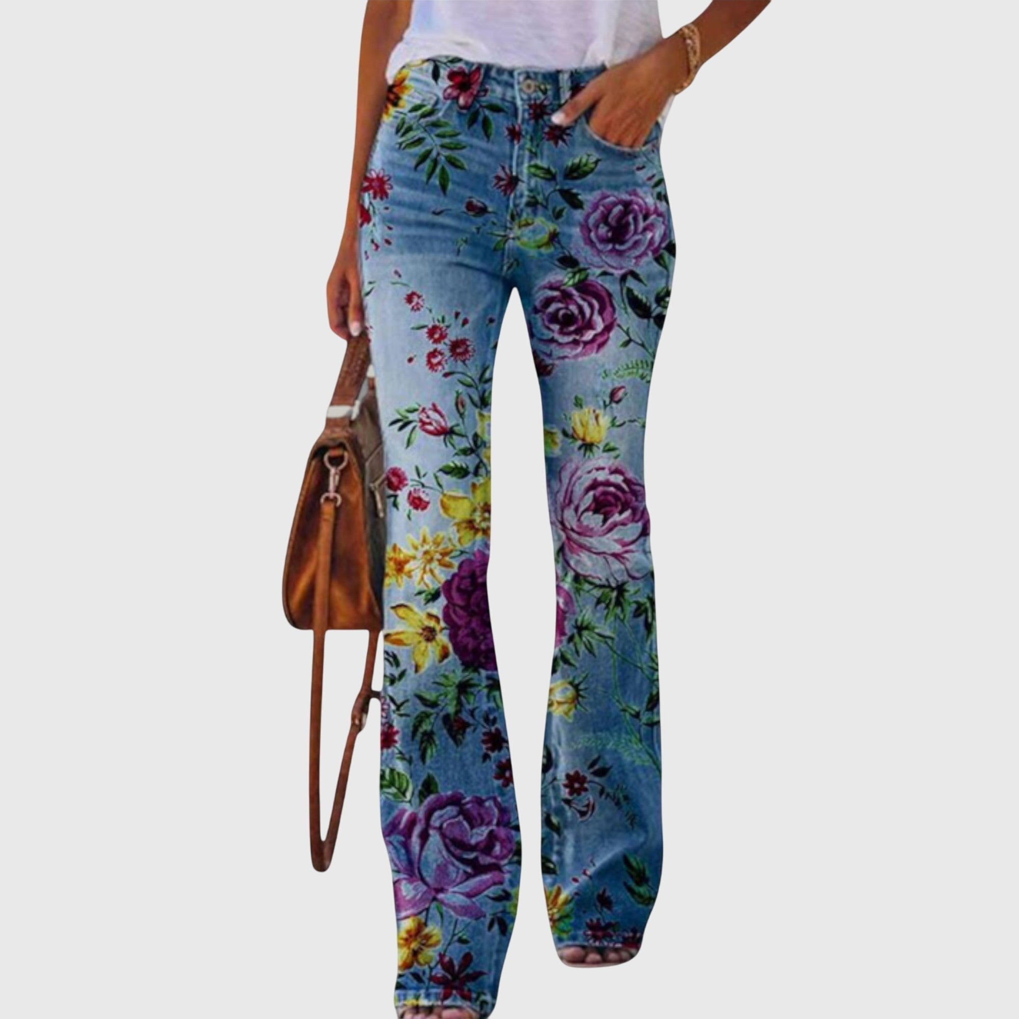 Women's Floral High-Waisted Flare Jeans - Purple Flower