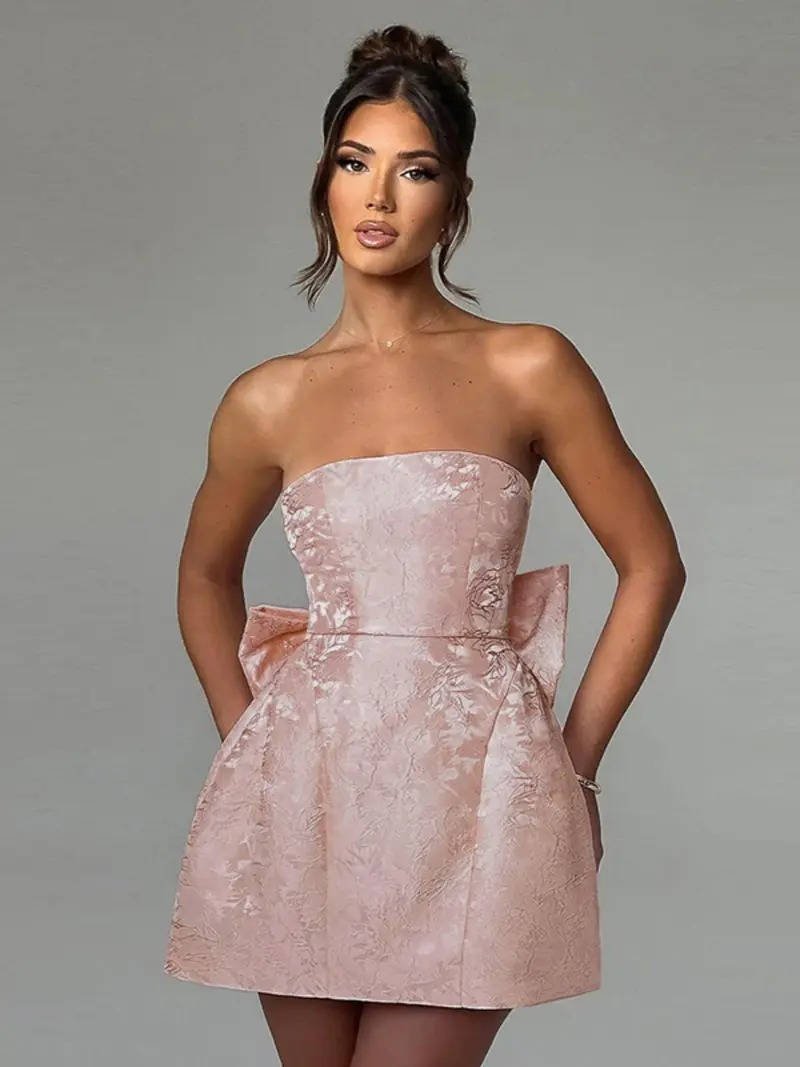 Women's Floral Jacquard Cocktail Strapless Mini Party Dress - Baby Pink