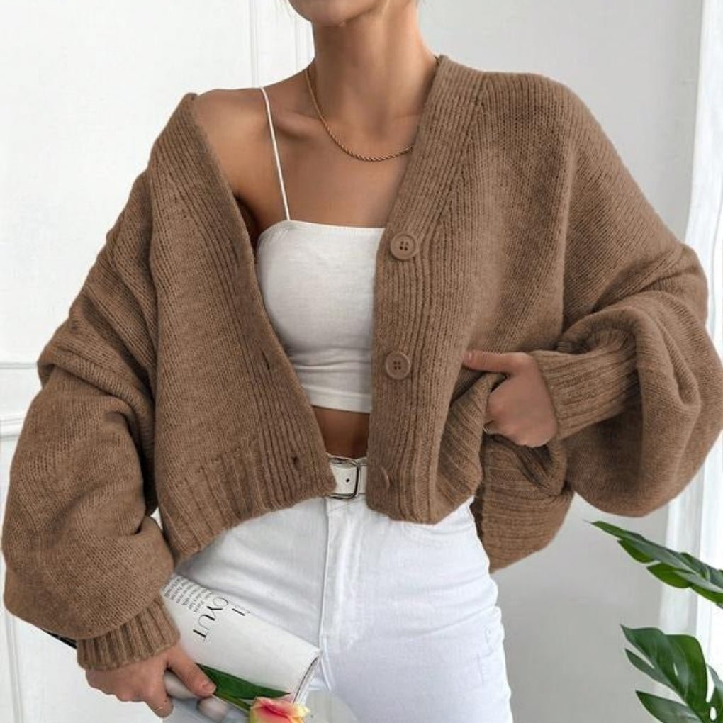 Women's Chunky Cropped Knit Ribbed Wool V-Neck Cardigan - Brown
