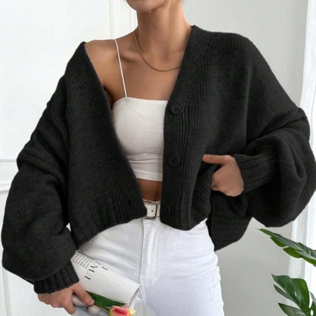 Women's Chunky Cropped Knit Ribbed Wool V-Neck Cardigan - Black
