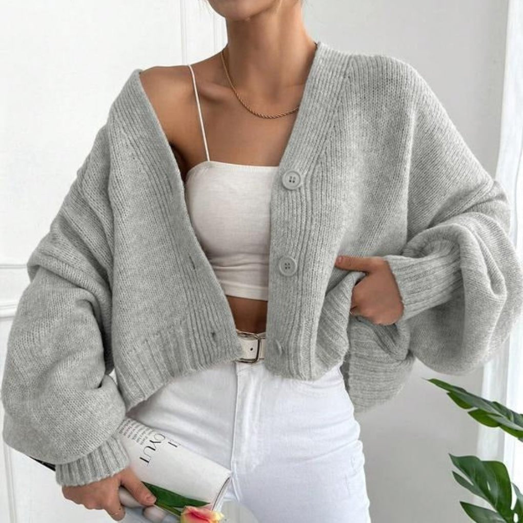Women's Chunky Cropped Knit Ribbed Wool V-Neck Cardigan - Gray