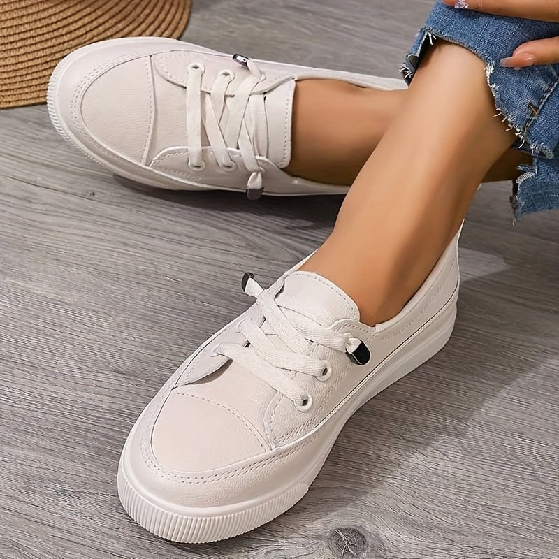 Women's Platform Slip-On Leather Trainers - Beige