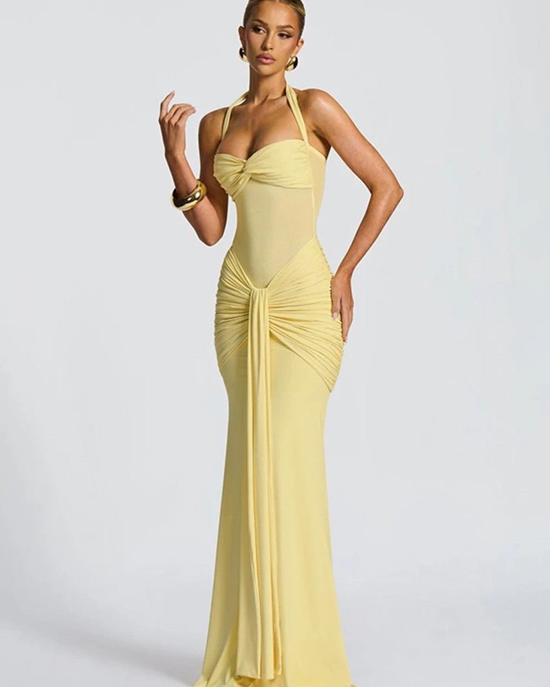 Women's Evening Halter Bodycon Maxi Party Gown - Yellow