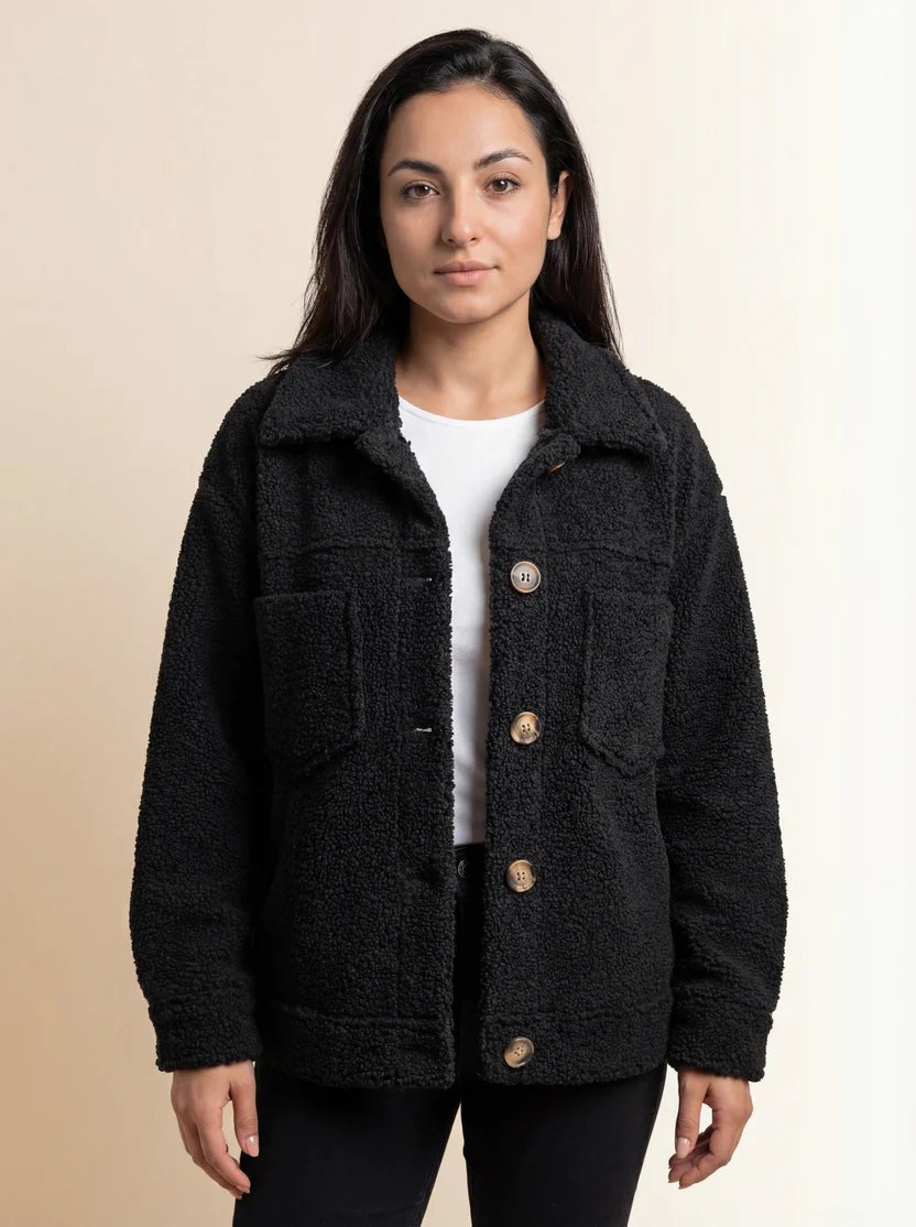 Women's Sherpa Fleece Teddy Shacket - Black
