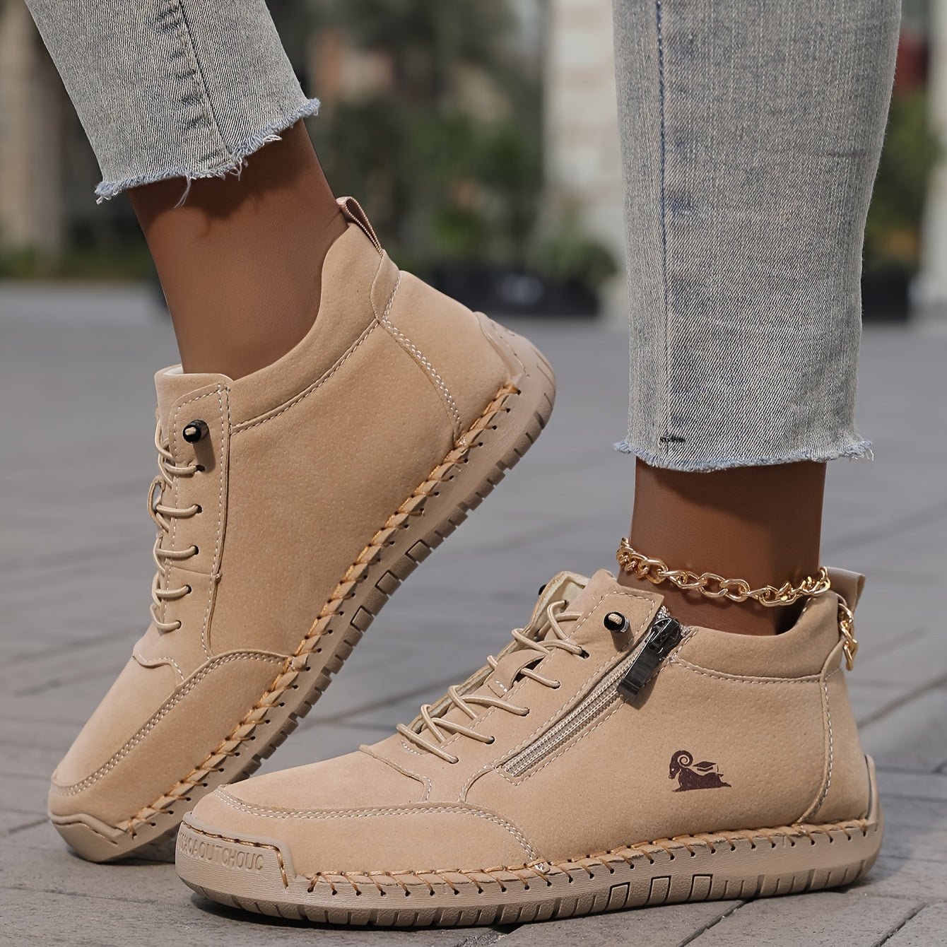 Women's Faux Leather Lace-Up Trainers - Khaki