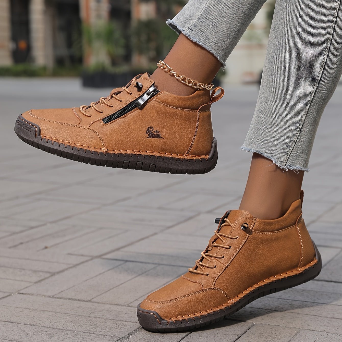 Women's Faux Leather Lace-Up Trainers - Olive Brown