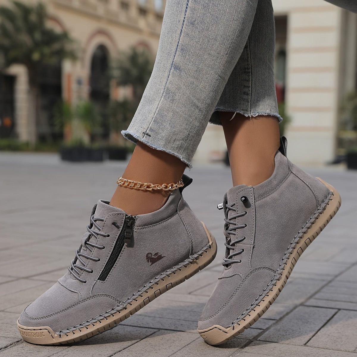 Women's Faux Leather Lace-Up Trainers - Gray