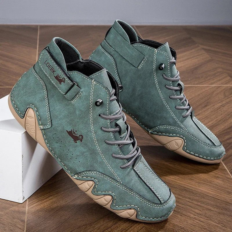Women's Faux Leather Ankle Lace-Up Trainers - Army Green