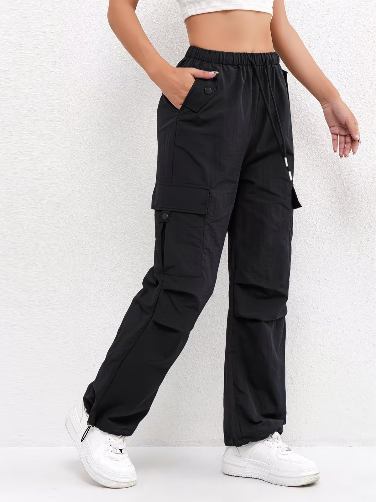 Women's Parachute Cargo Wide-Leg Trousers - Black