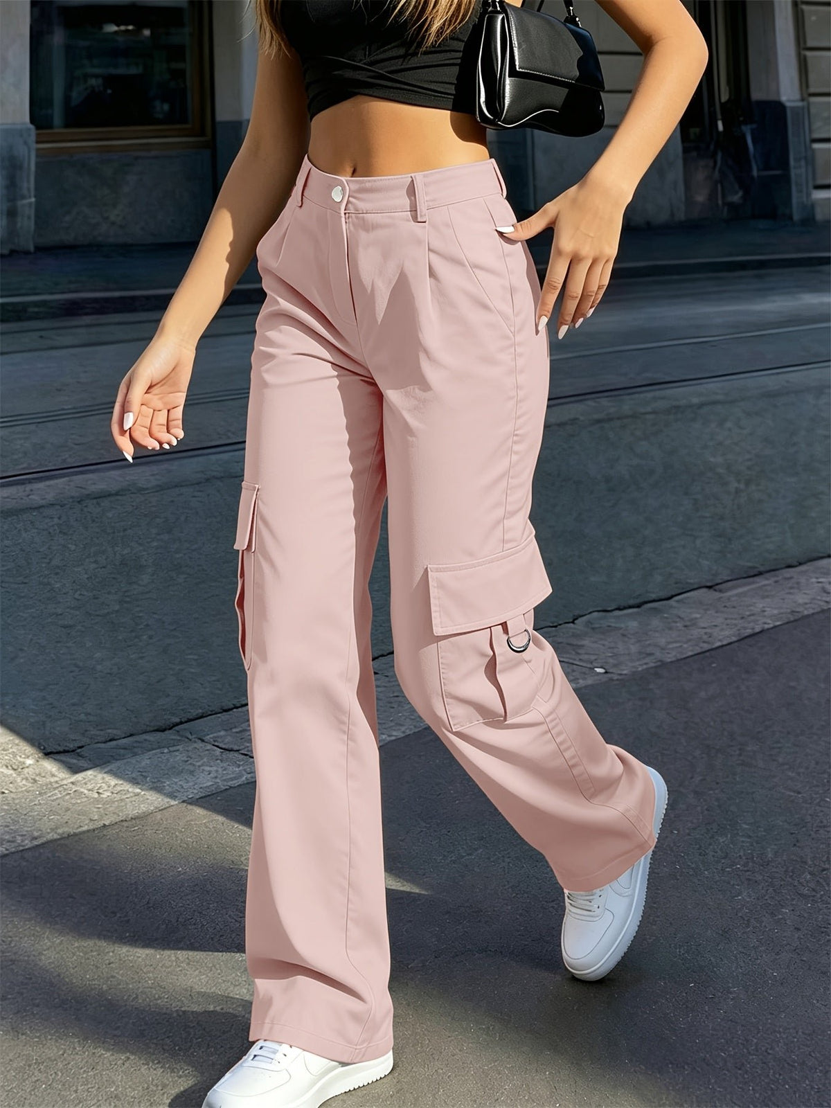 Women's Black High-Waisted Cargo Wide-Leg Trousers