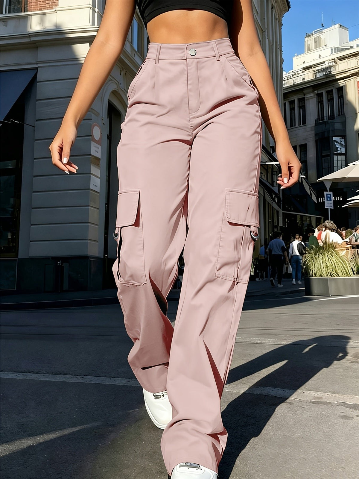Women's Black High-Waisted Cargo Wide-Leg Trousers - Pink