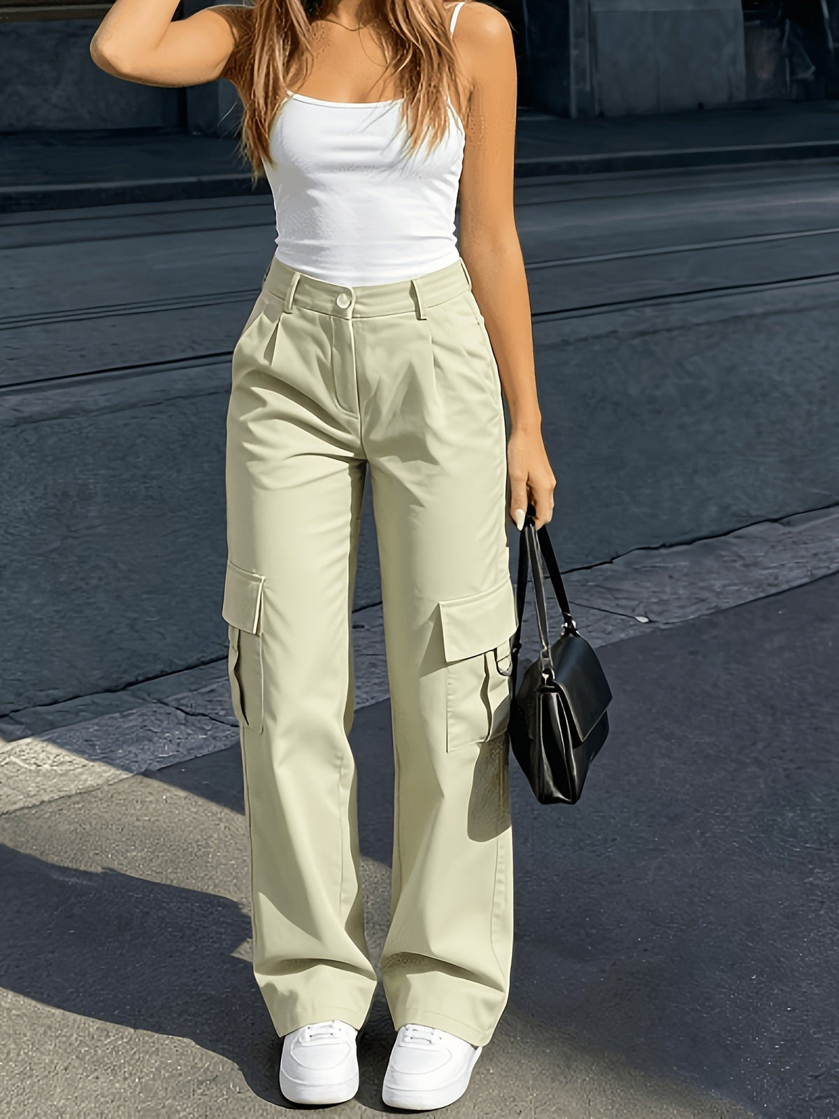 Women's Black High-Waisted Cargo Wide-Leg Trousers - Cream
