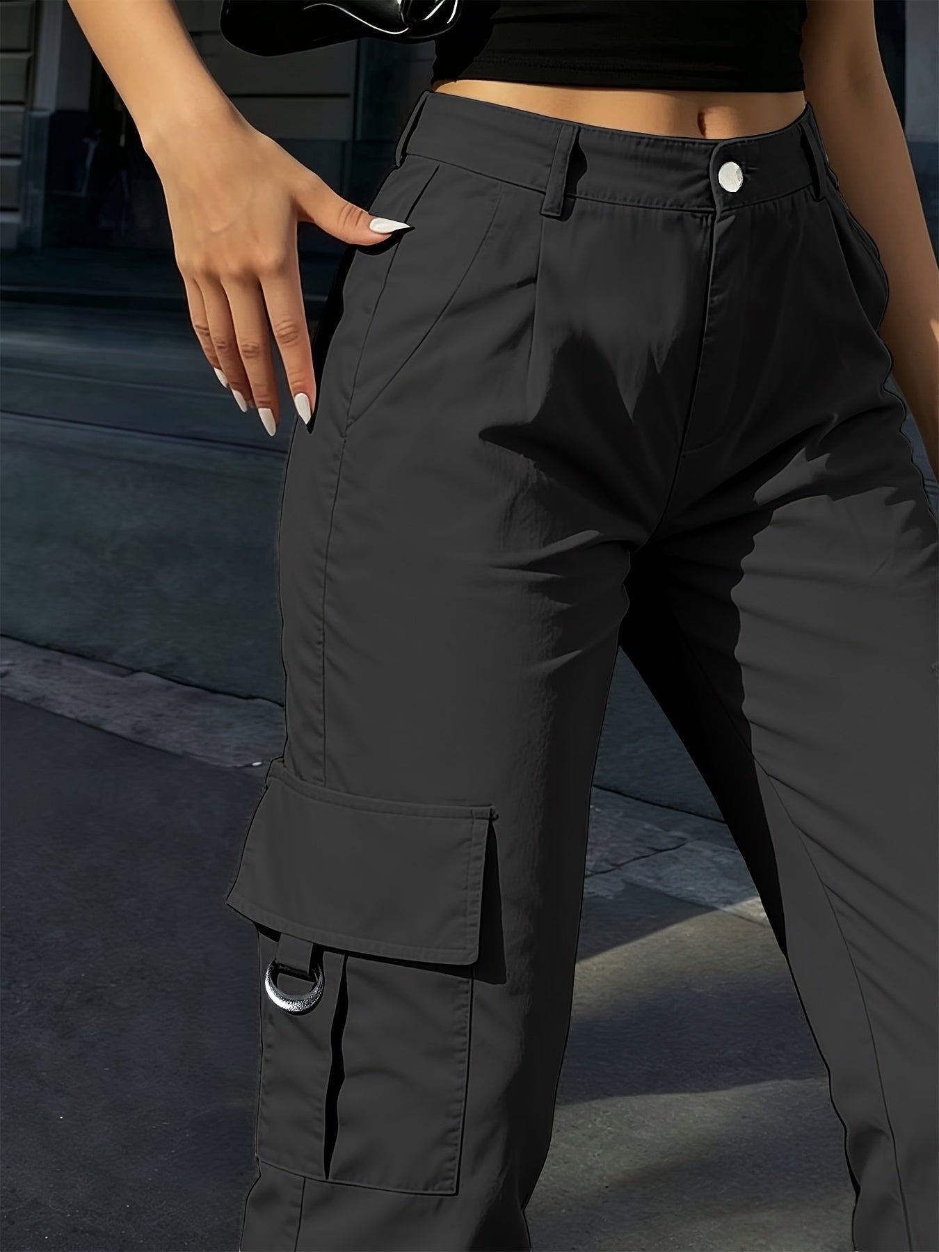 Women's Black High-Waisted Cargo Wide-Leg Trousers