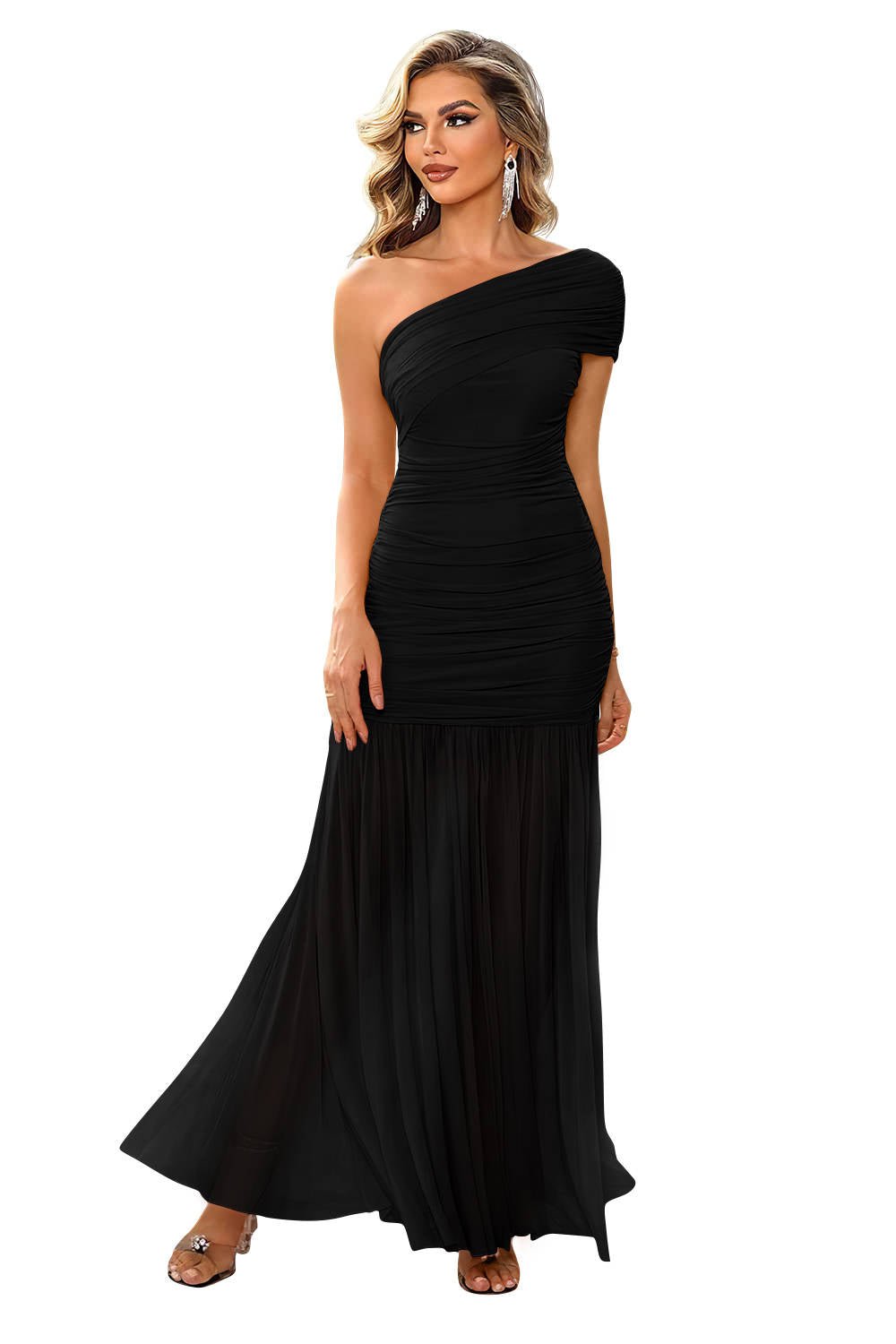 Women's Black Ruched Mermaid One-Shoulder Maxi Party Gown - Black