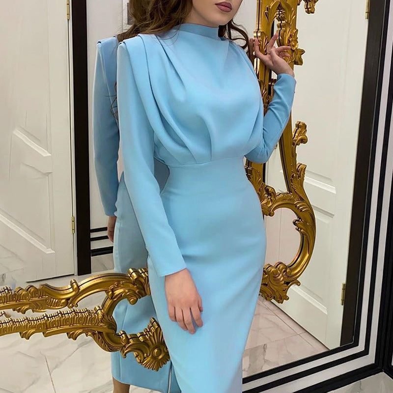 Women's Cocktail Satin Bodycon Midi Party Dress - Sky blue
