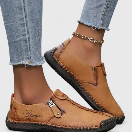 Women's Loafer Leather Slip-On Trainers - Brown