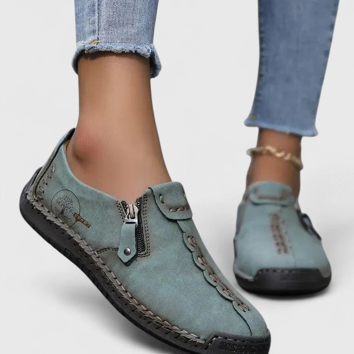 Women's Loafer Leather Slip-On Trainers - Dark Green